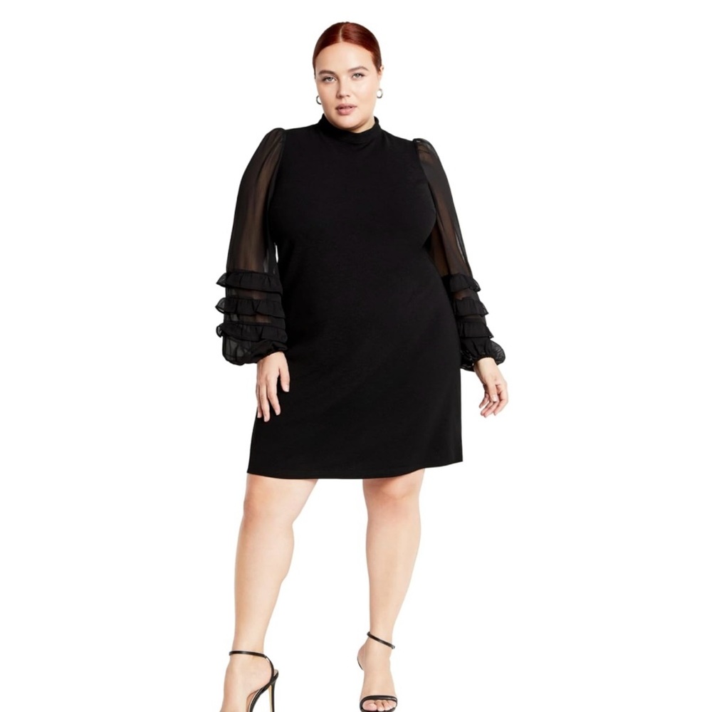 City Chic Black Dress with Sheer Ruffle Sleeves